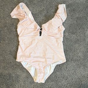 Kona Sol pink and white stripe size large ruffle swimsuit